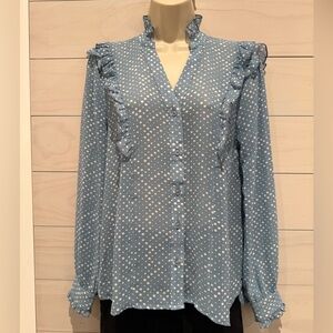 The Shirt by Rochelle Behrens Blue Polka Dot Ruffle Button-Down Blouse – Size S